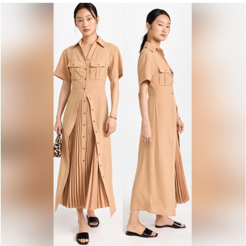 A.L.C. Florence Tan Layered Pleated Crepe Midi Dress - Picture 2 of 7